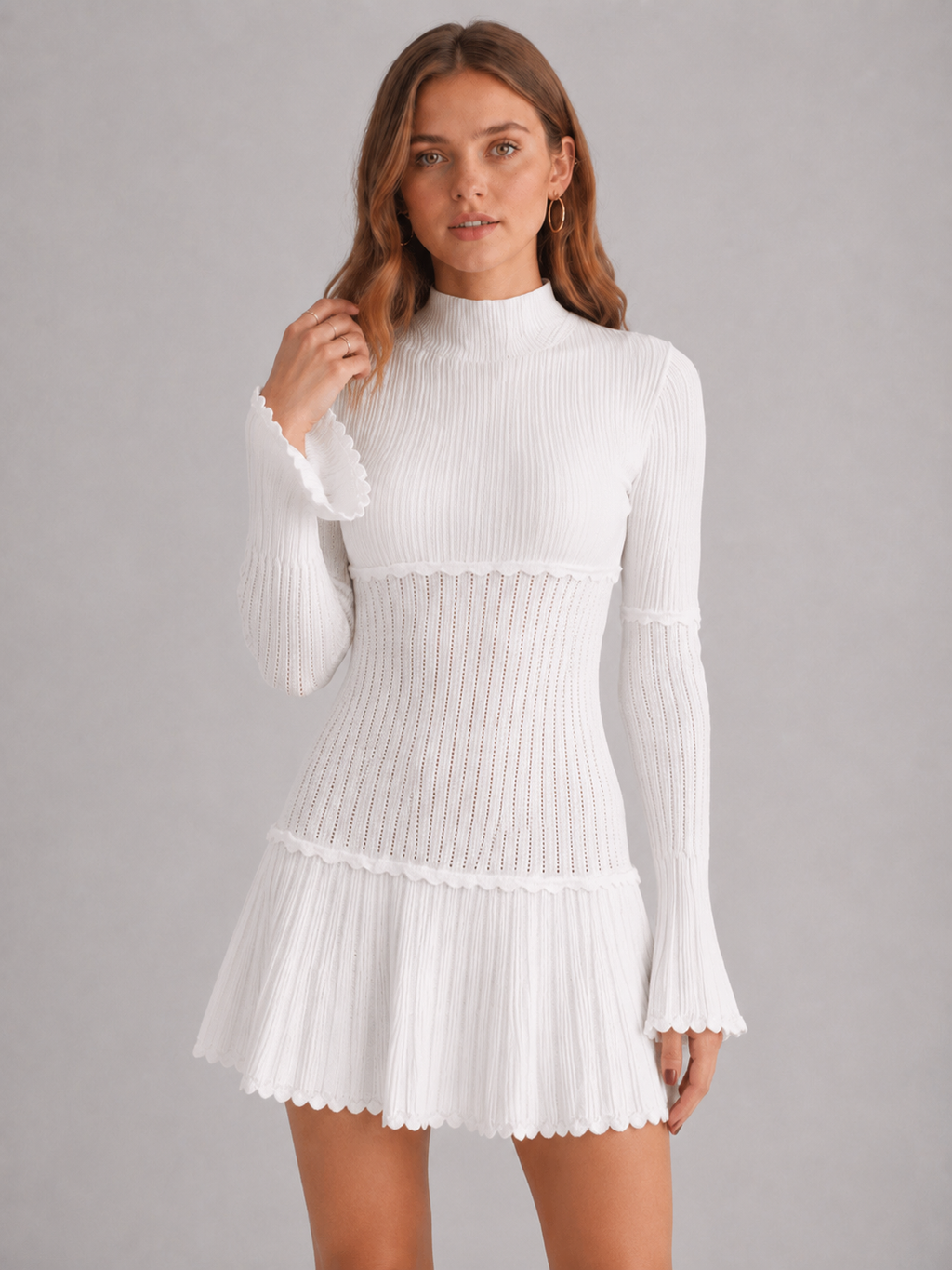 Women's White Ribbed Knit Mini Dress