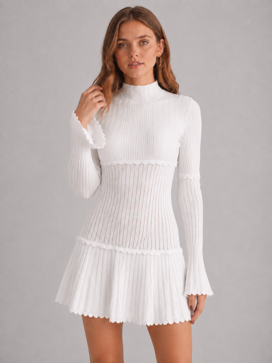 Women's White Ribbed Knit Mini Dress