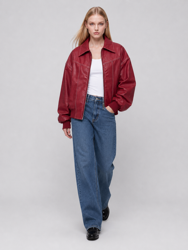 Women's Red Oversized Faux Leather Bomber Jacket