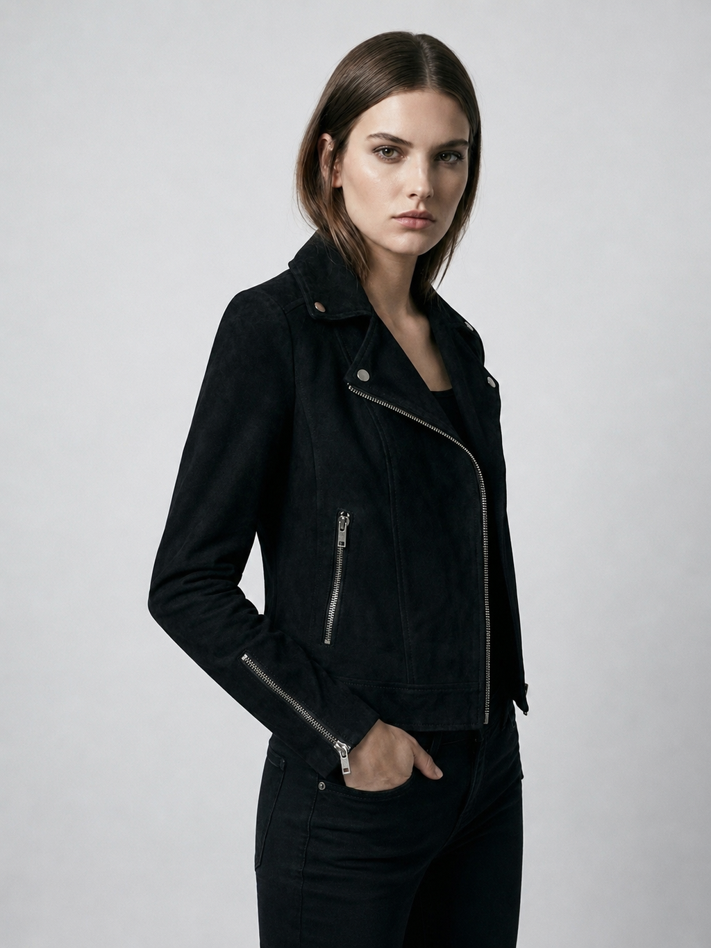 Women's Cropped Faux Suede Biker Jacket