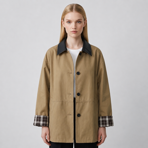 Women's Khaki Contrast Collar Button-Up Jacket