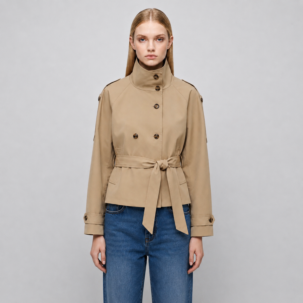 Women's Cropped Belted Double-Breasted Trench Coat