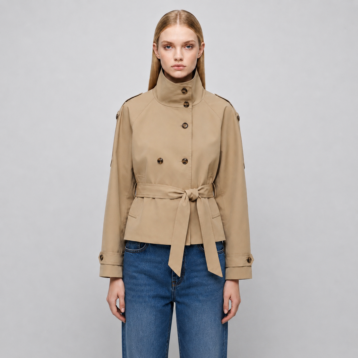 Women's Cropped Belted Double-Breasted Trench Coat