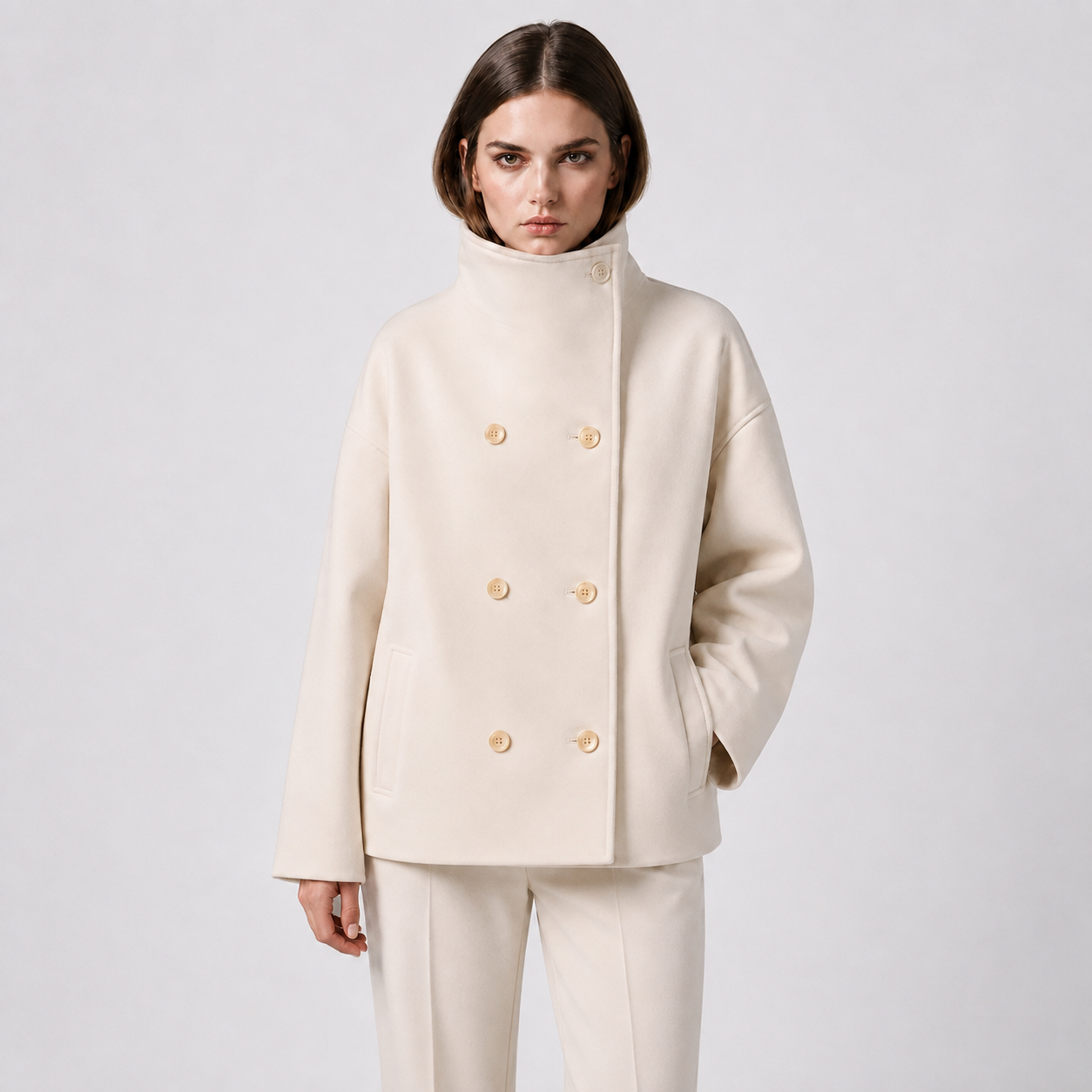 Women's Cropped Double-Breasted Funnel-Neck Jacket Main image